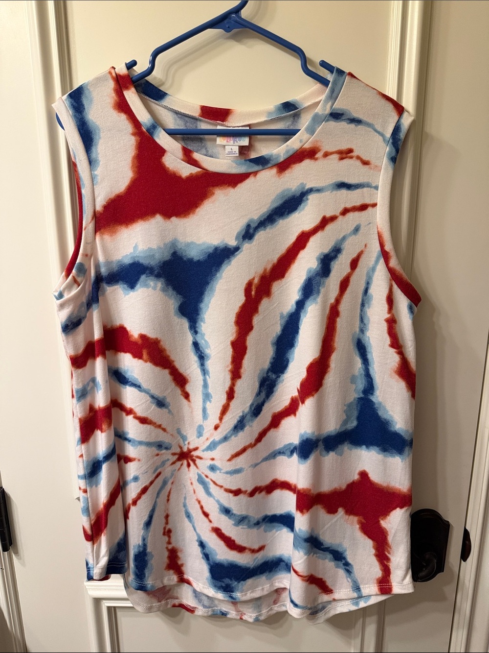 LuLaRoe Red & Blue Spiral Tie-Dye Sleeveless Cocoa Top